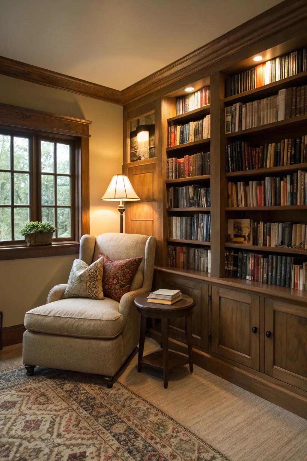 A comfortable den includes a bookshelf-lined wall and a spot for reading.