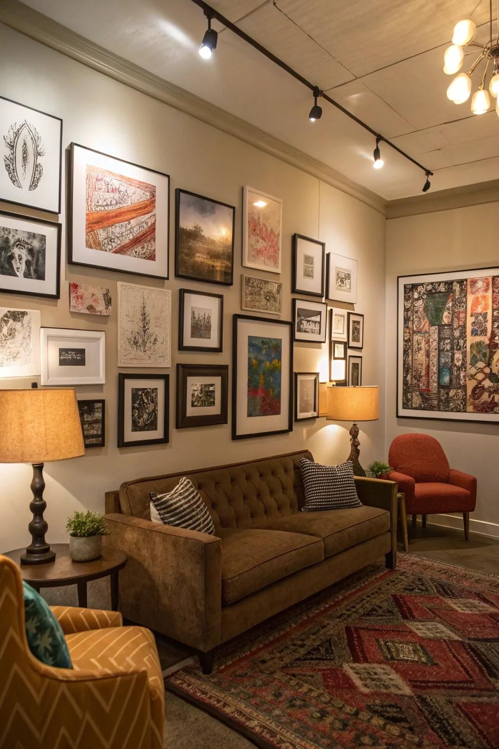A den displaying a bespoke gallery wall with assorted artworks.