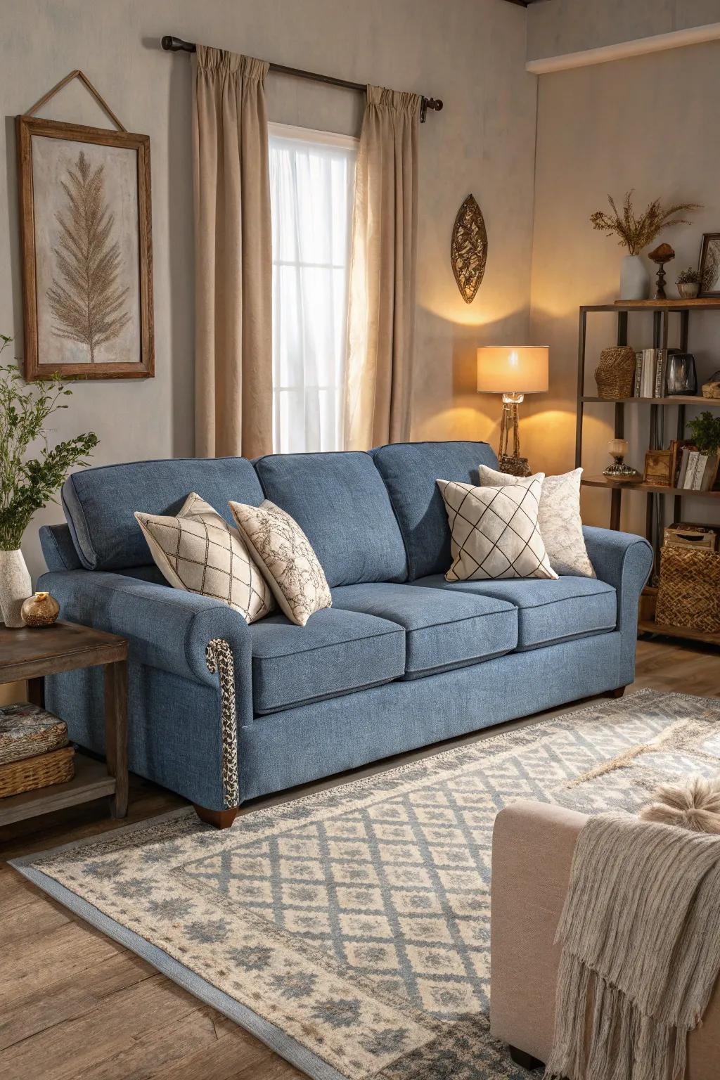 Muted hues balance the opulence of the cerulean settee.