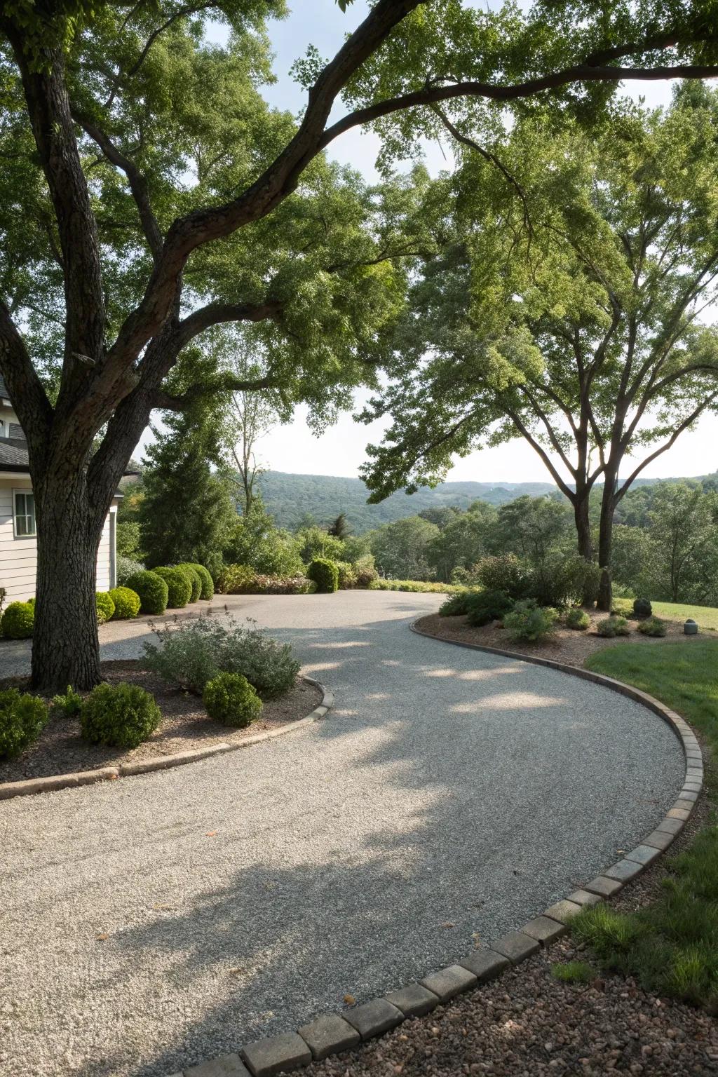This gravel driveway radiates pastoral charm while harmonizing impeccably with the surrounding landscape.