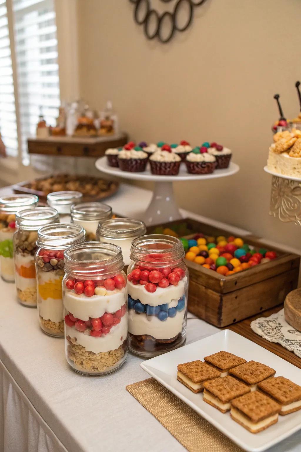 Preserving containers enhance a countryside allure to dessert displays.