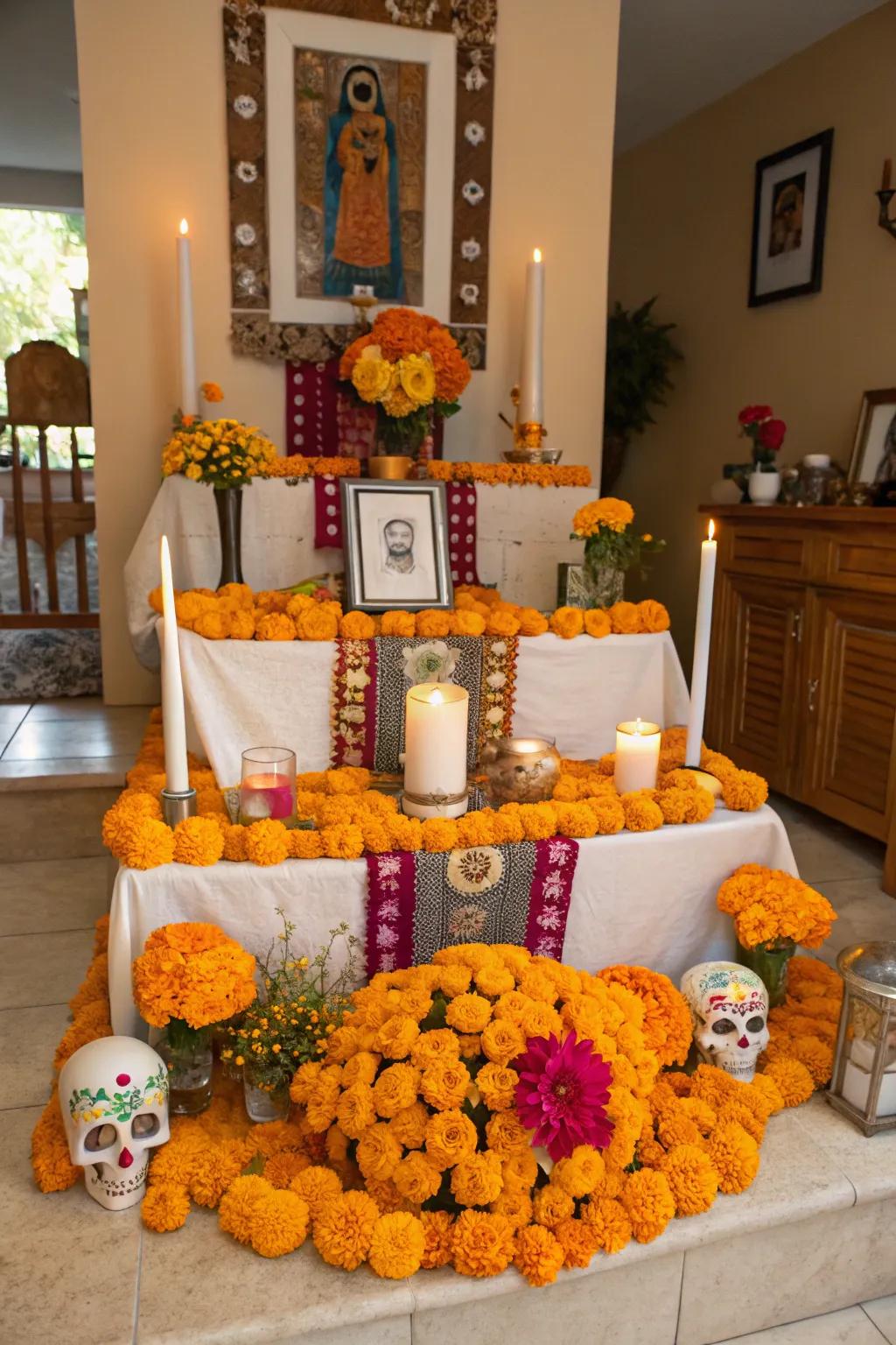 Calendula flowers give vibrant color and guidance to the altar.