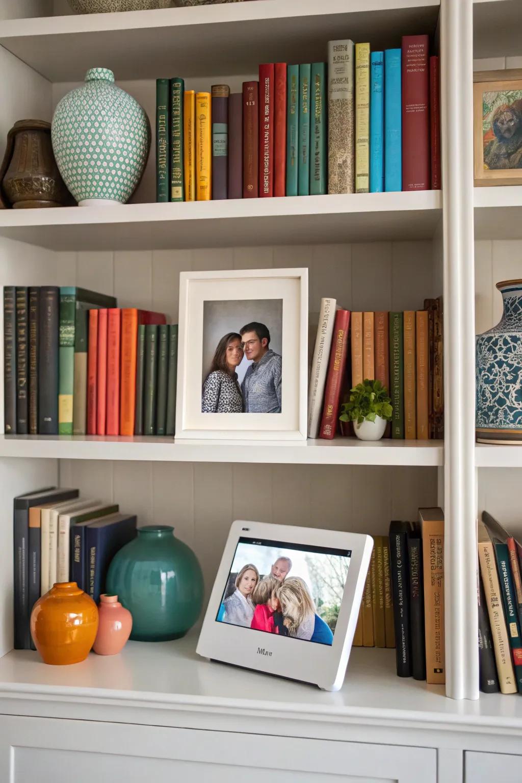 Bookshelves get a vibrant upgrade with a digital picture display.