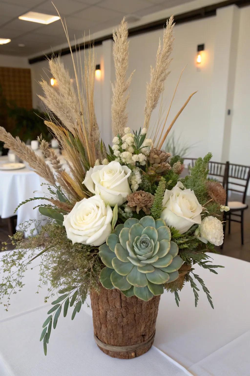 A contemporary interpretation of floral centerpieces with added texture.