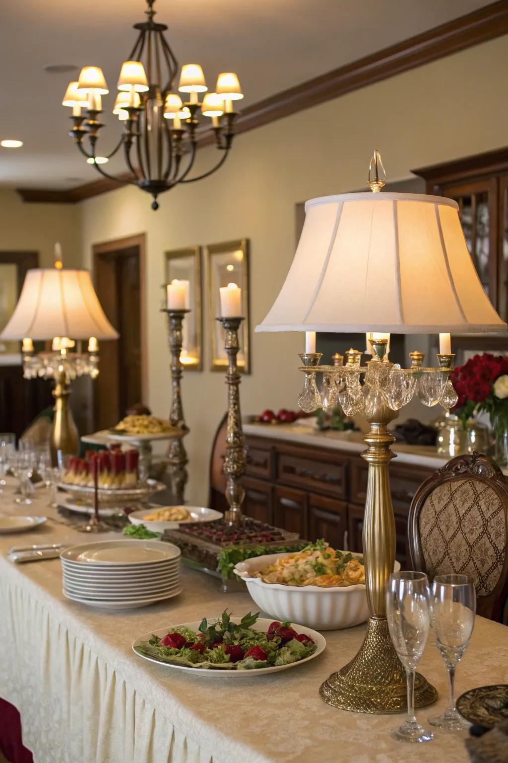 Sophisticated table lamps bring warmth and flair to this buffet arrangement.