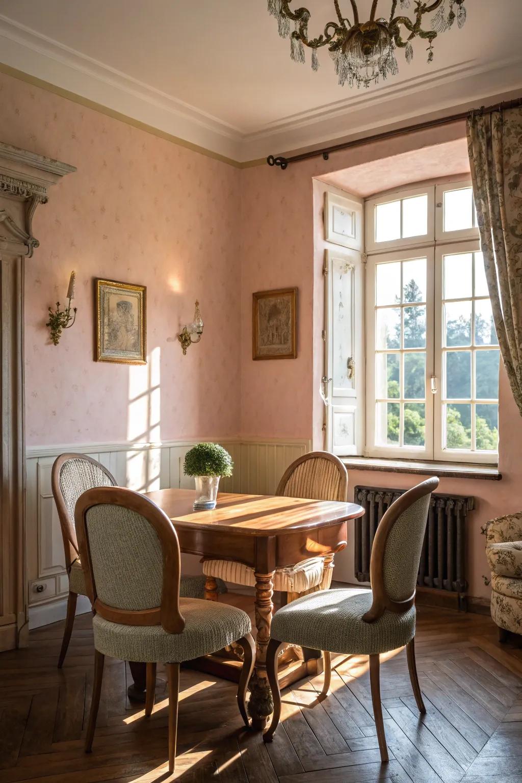 A pastel-inspired dining space radiates appeal and peace.