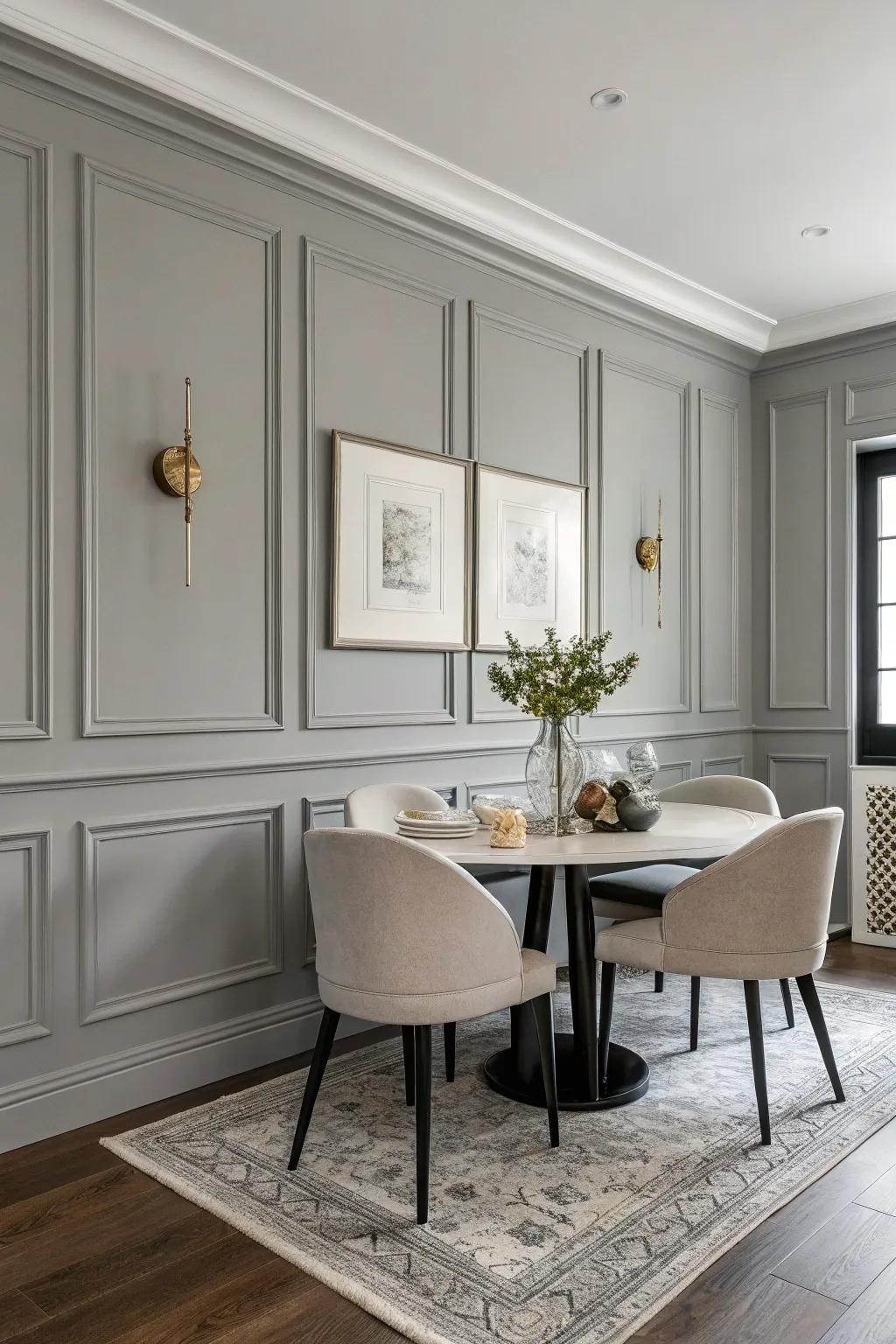 This dining space feels modern and cozy thanks to the gray wainscoting.
