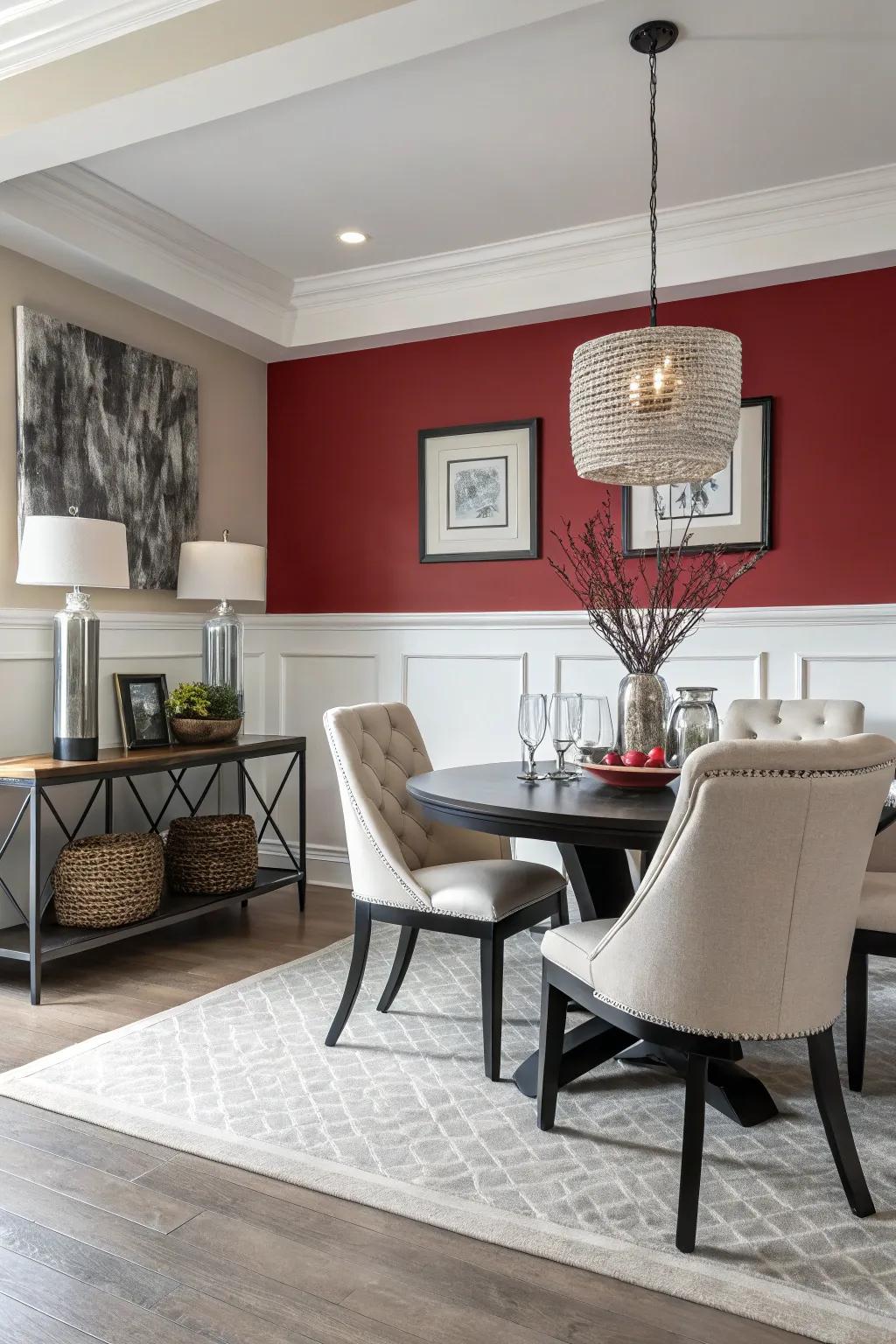 A daring color choice below the chair rail achieves a striking and modern appearance.