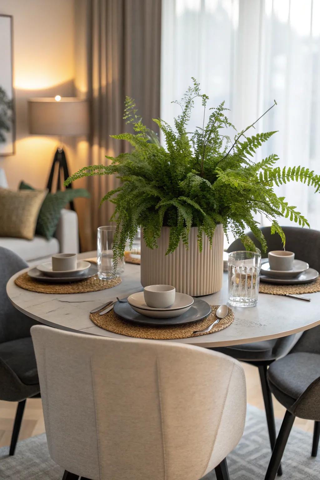 Greenery injects vitality into your dining space, maintaining a refreshing and welcoming ambiance.