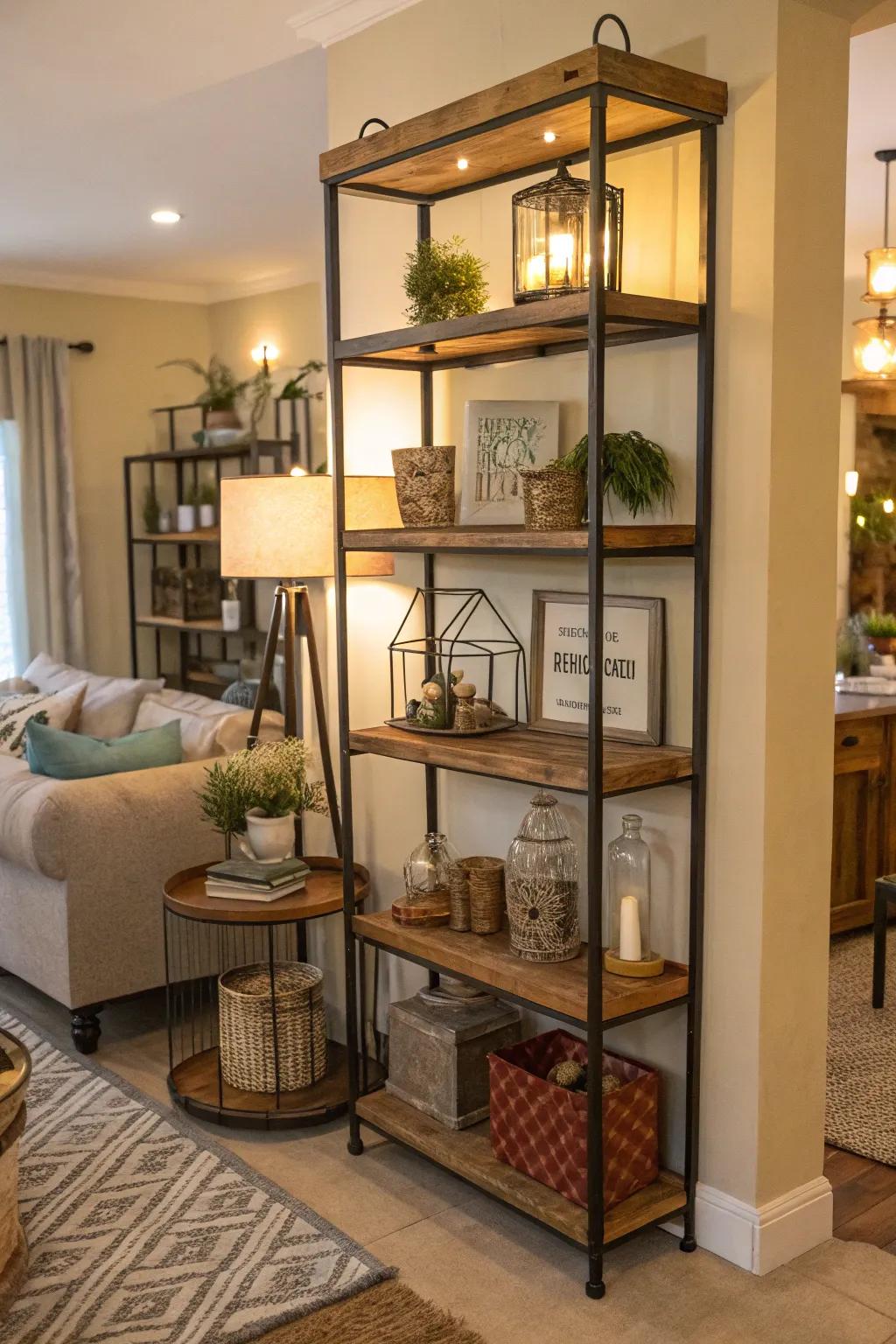 Varied shelves with combined materials.