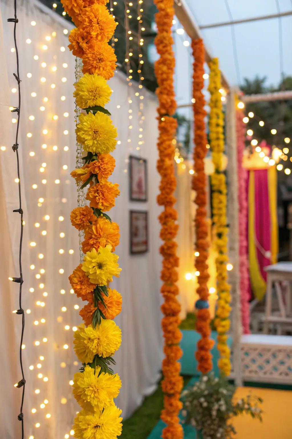 Vibrant sunburst blooms paired with shimmering twinkle lights.