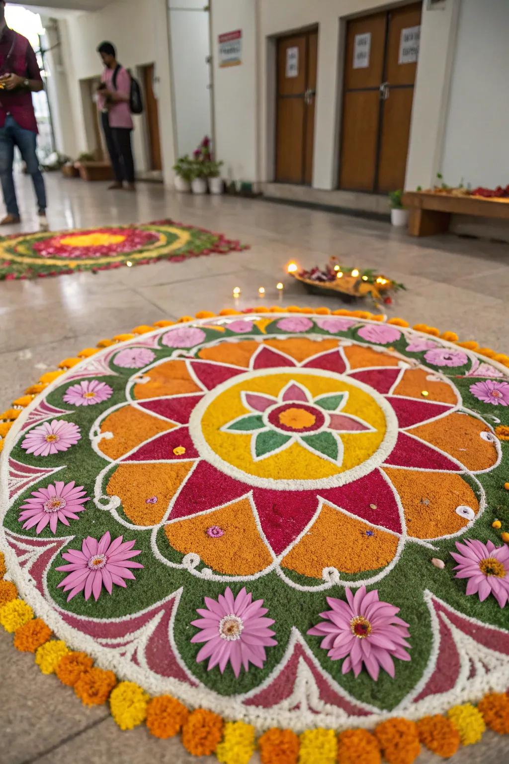 Rangoli designs bring vibrant energy to any entrance.