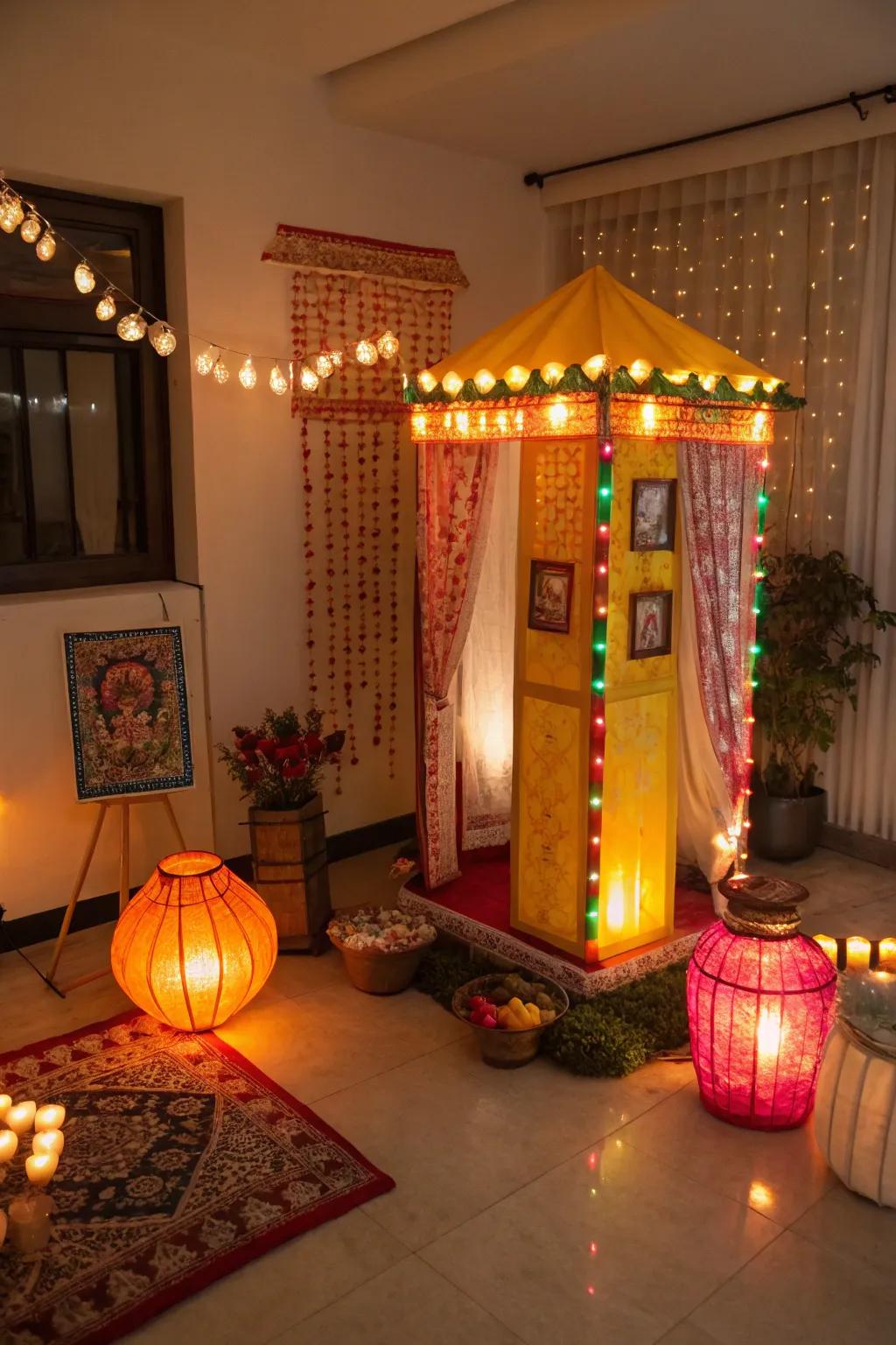 Classic lanterns radiating a cozy glow in the Diwali photo booth.