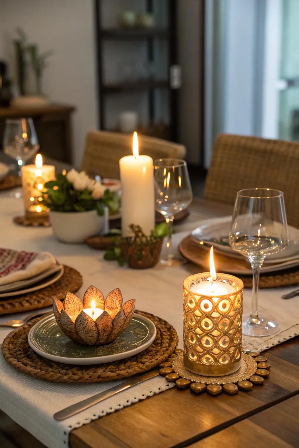 The glow from candles and diyas creates a welcoming and warm Diwali table setting.