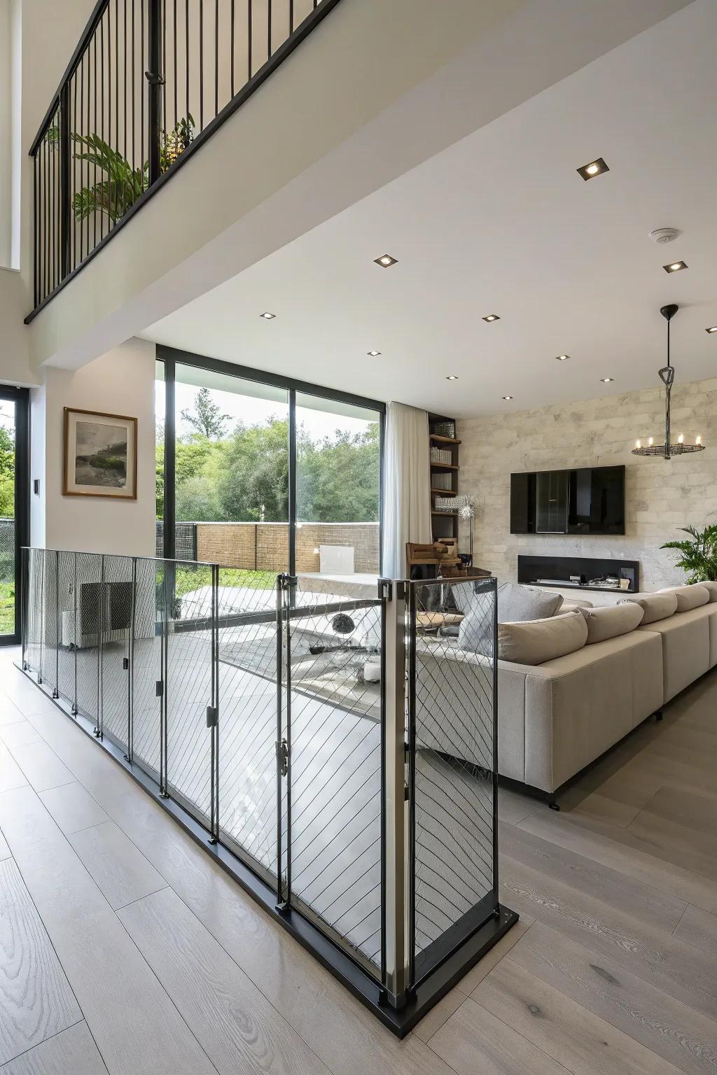 A transparent dog fence that maintains the room's open and modern aesthetic.