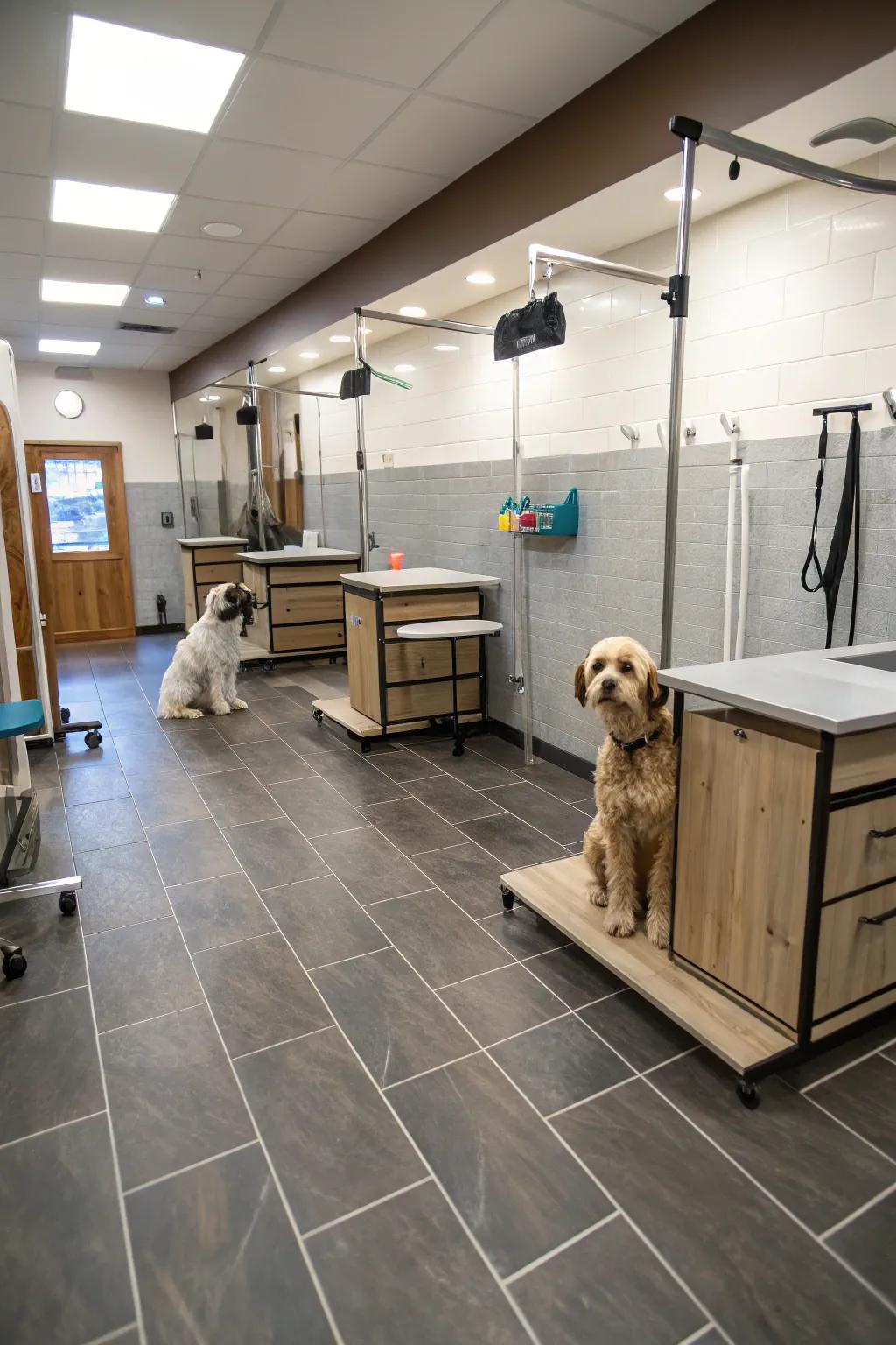 Effortless-to-maintain surfaces within a functional salon setting.
