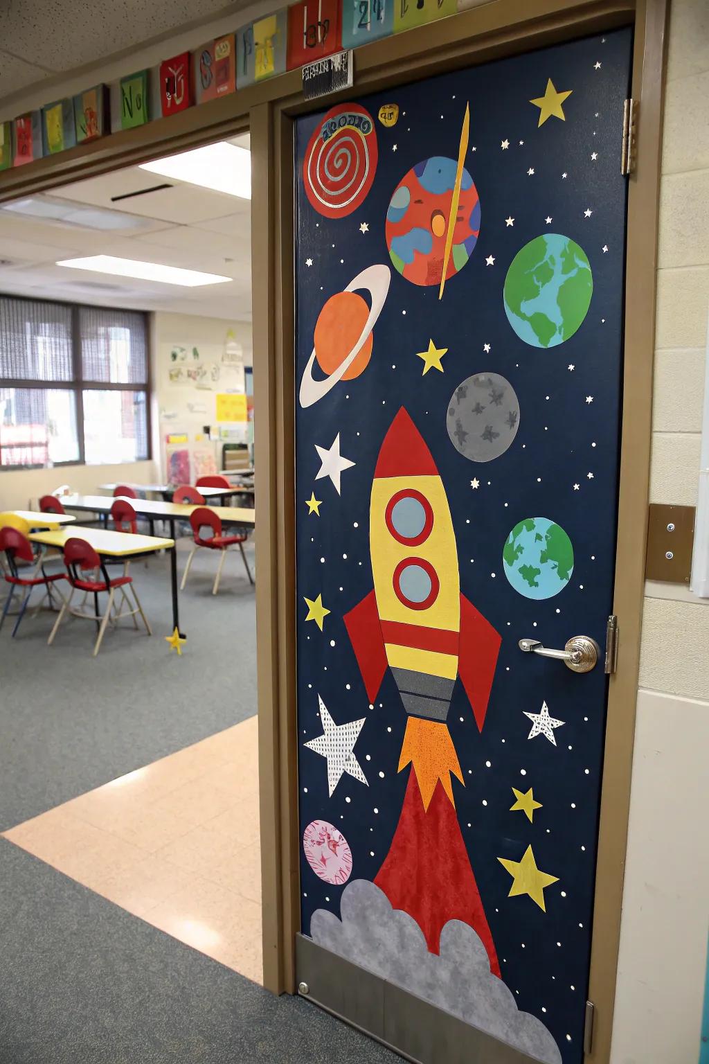 A cosmic-themed entryway inviting students to discover the cosmos.