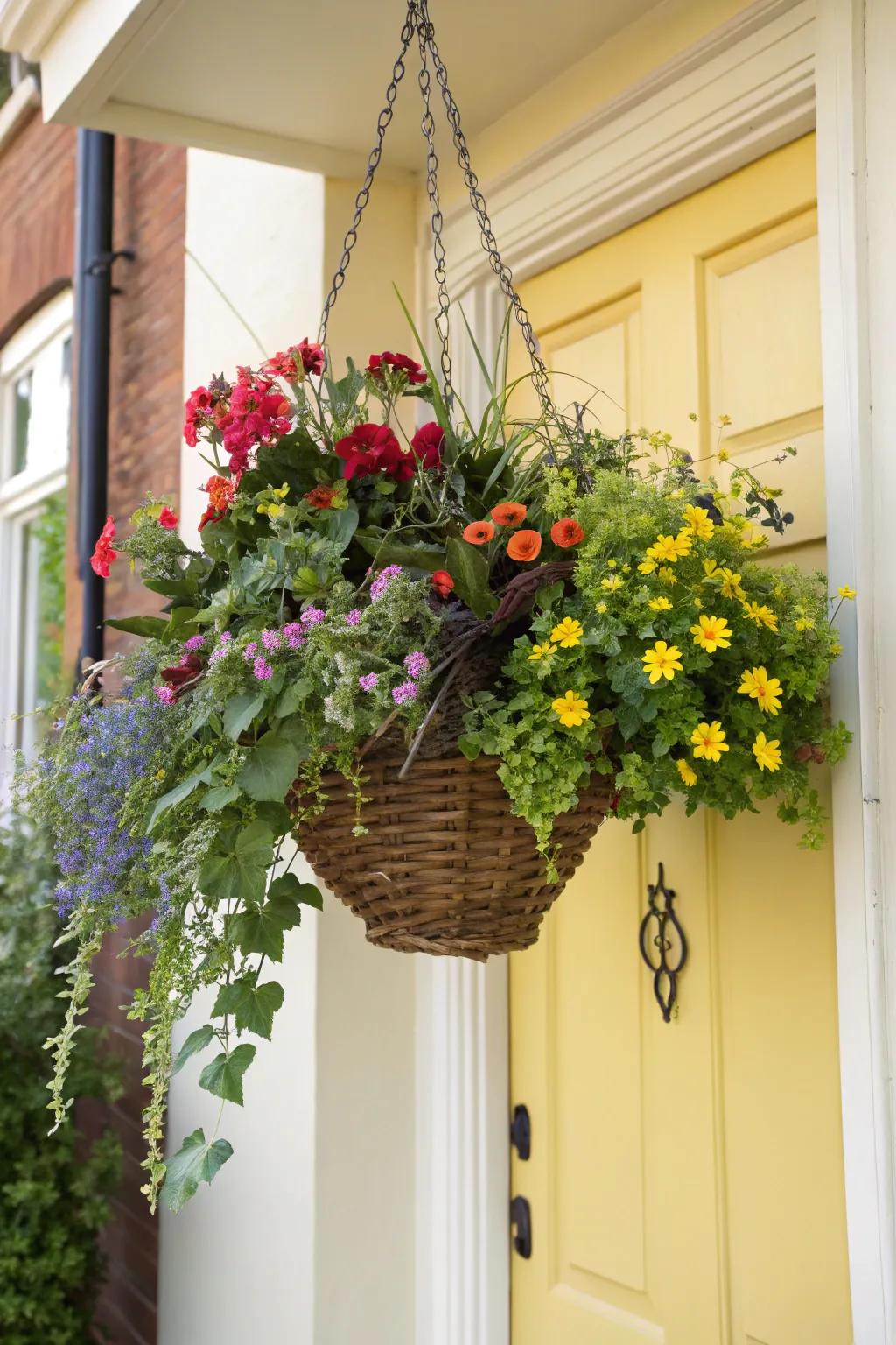 Seasonal hanging plant displays infuse vibrant energy into any doorway.