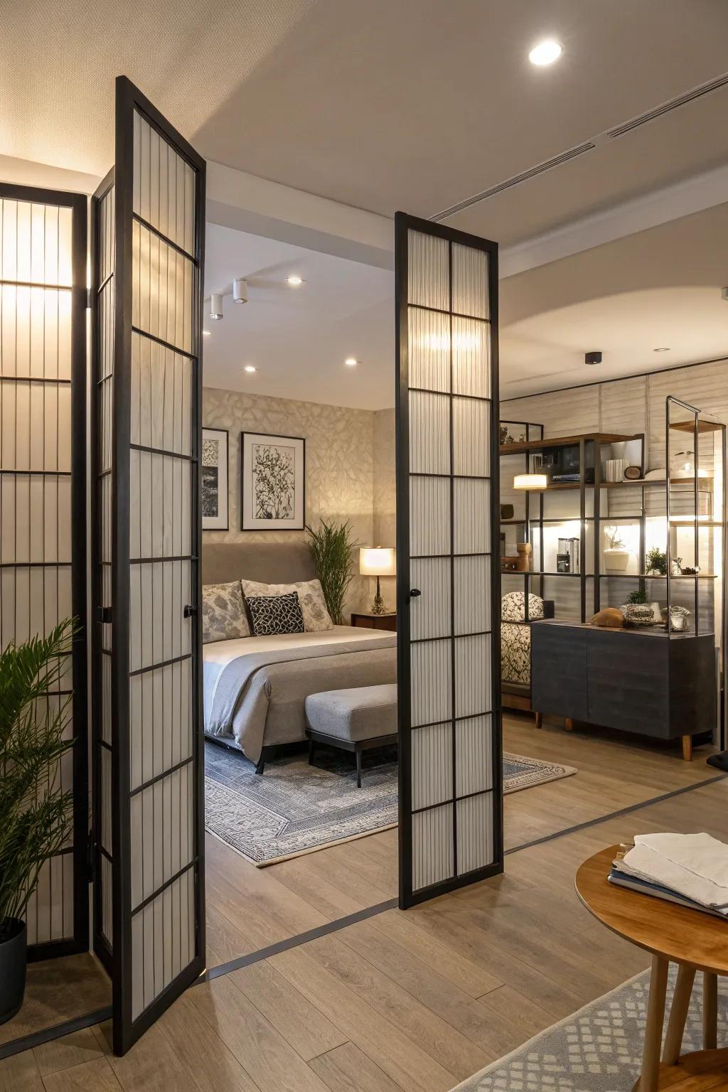 Folding screen doors are a stylish and adaptable way to section off your studio apartment.