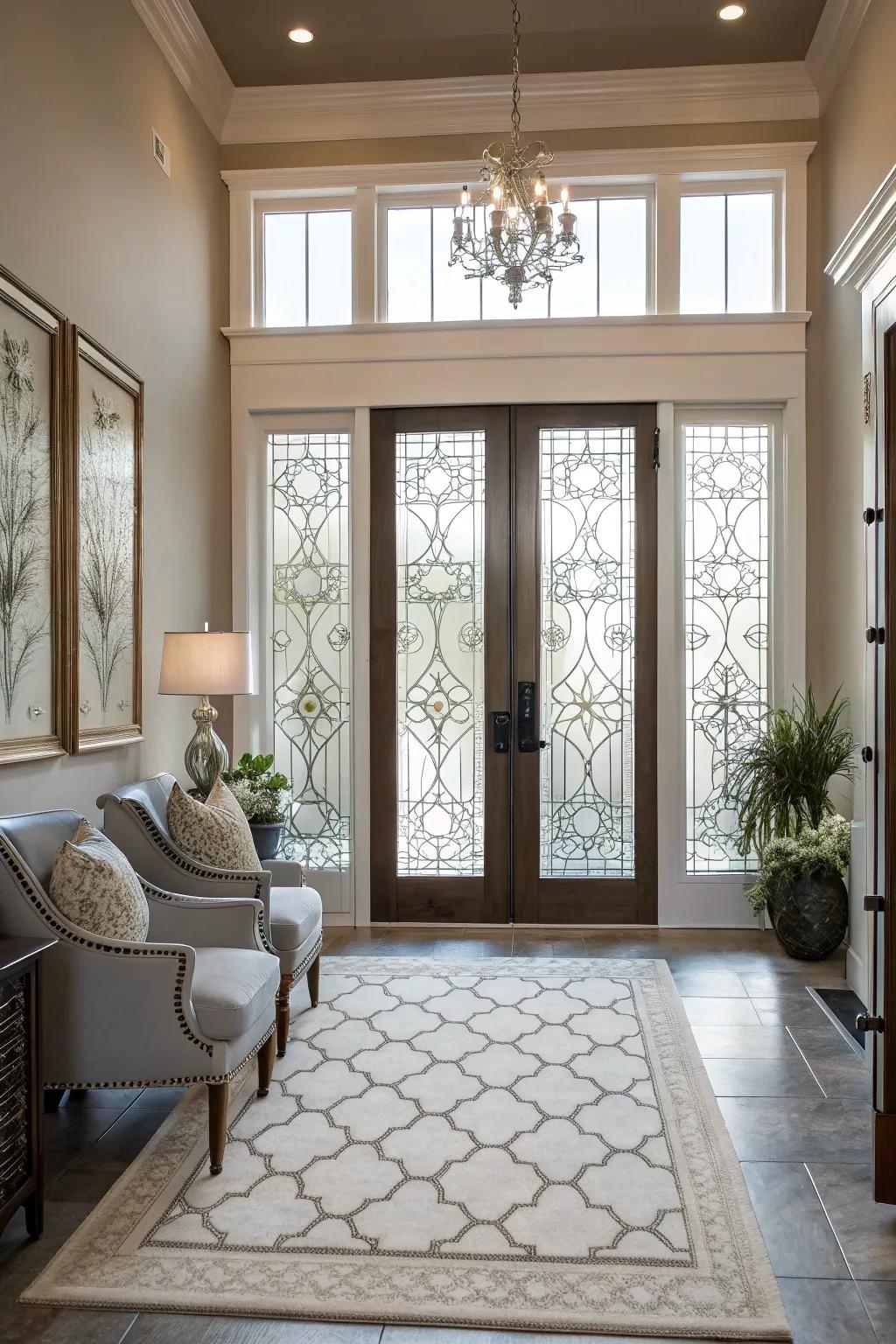 Revamp entryway windows with ornamental coverings for enhanced privacy and design.