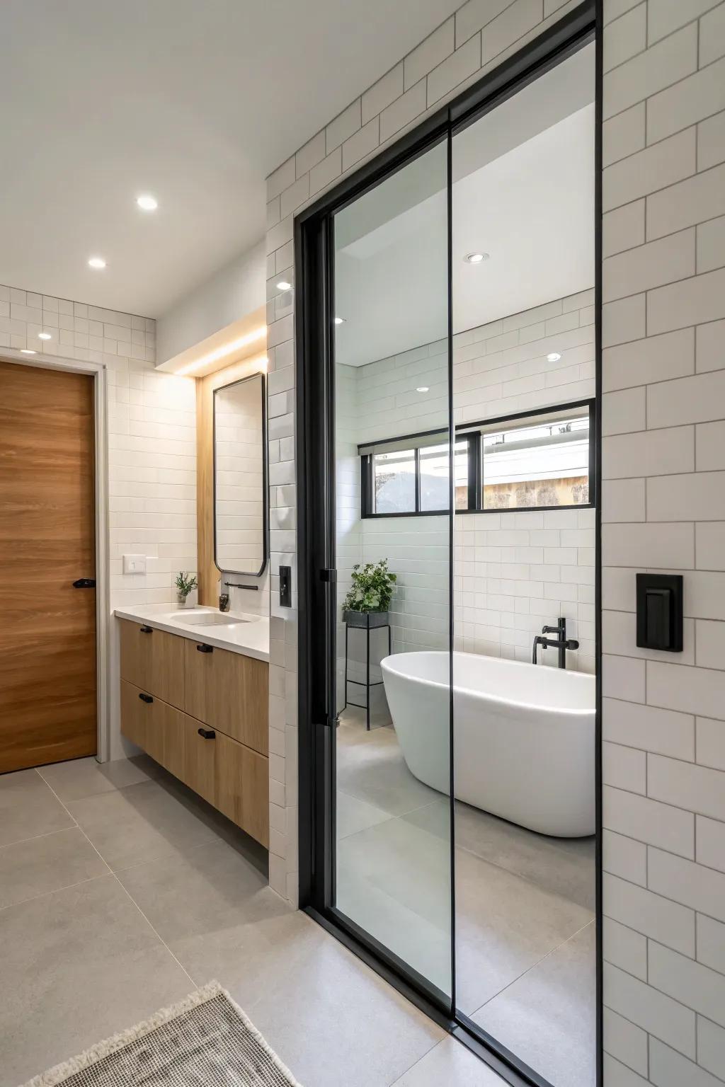 Pocket doors give a streamlined appearance that saves room.