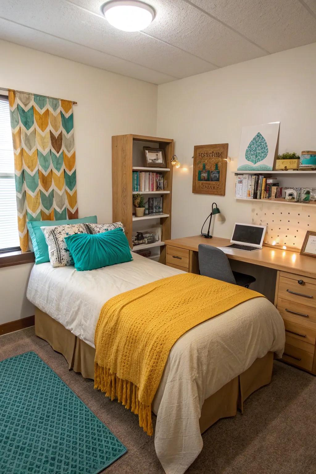 Accent colors bring energy to a neutral dorm room.