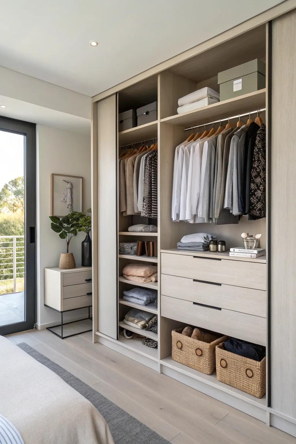 Built-in drawers in a double closet provide smooth storage for smaller items.