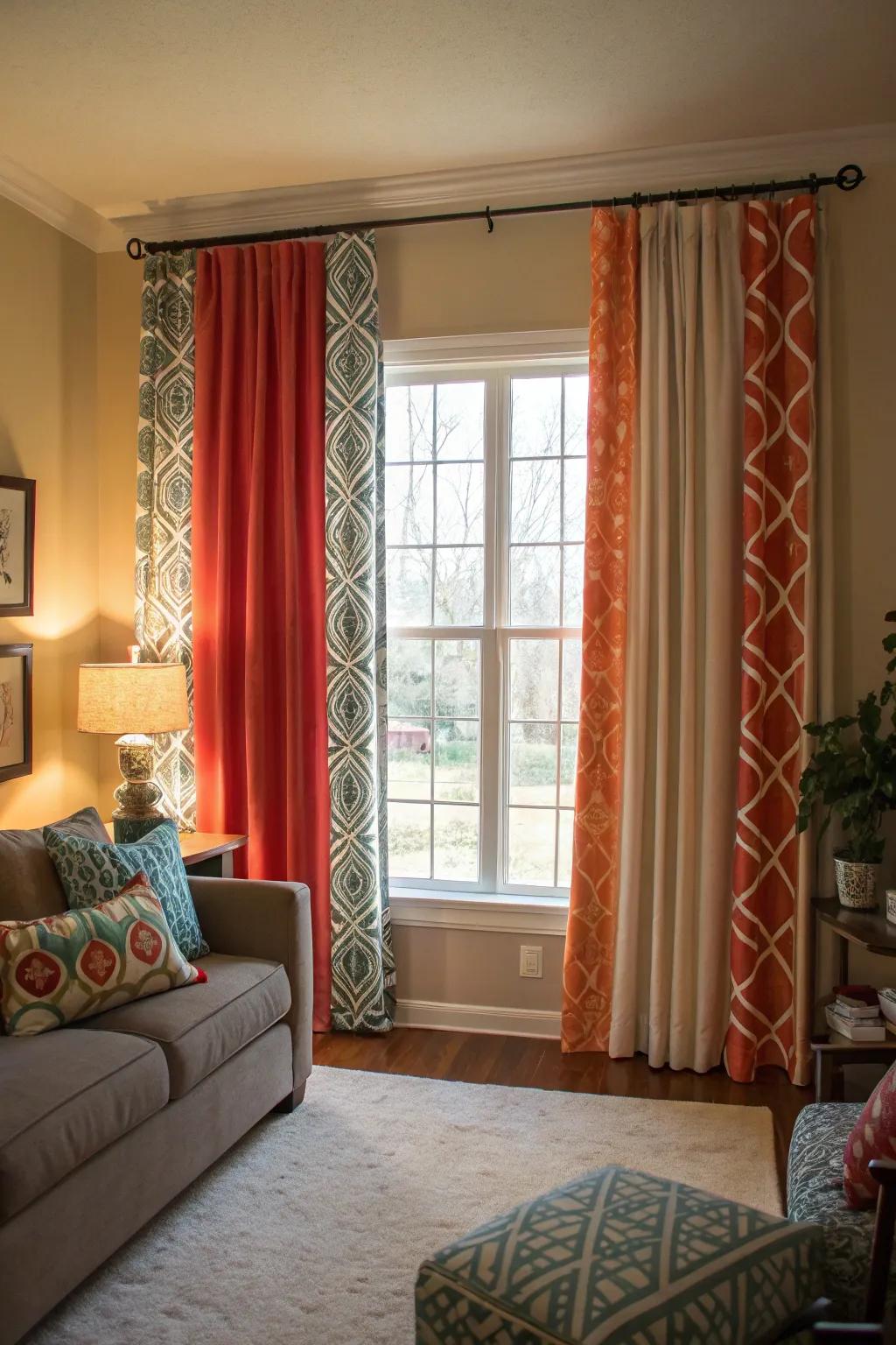 The use of mixed patterns and solid fabrics in double curtains introduces an element of intrigue to this living area.