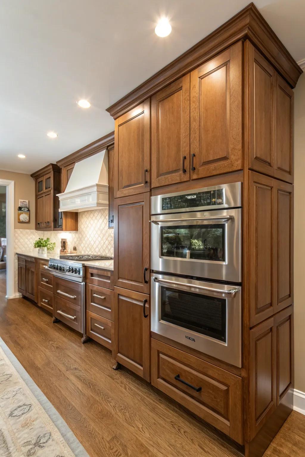 An angled dual oven cabinet transforms a simple corner into an engaging focal point in the kitchen.