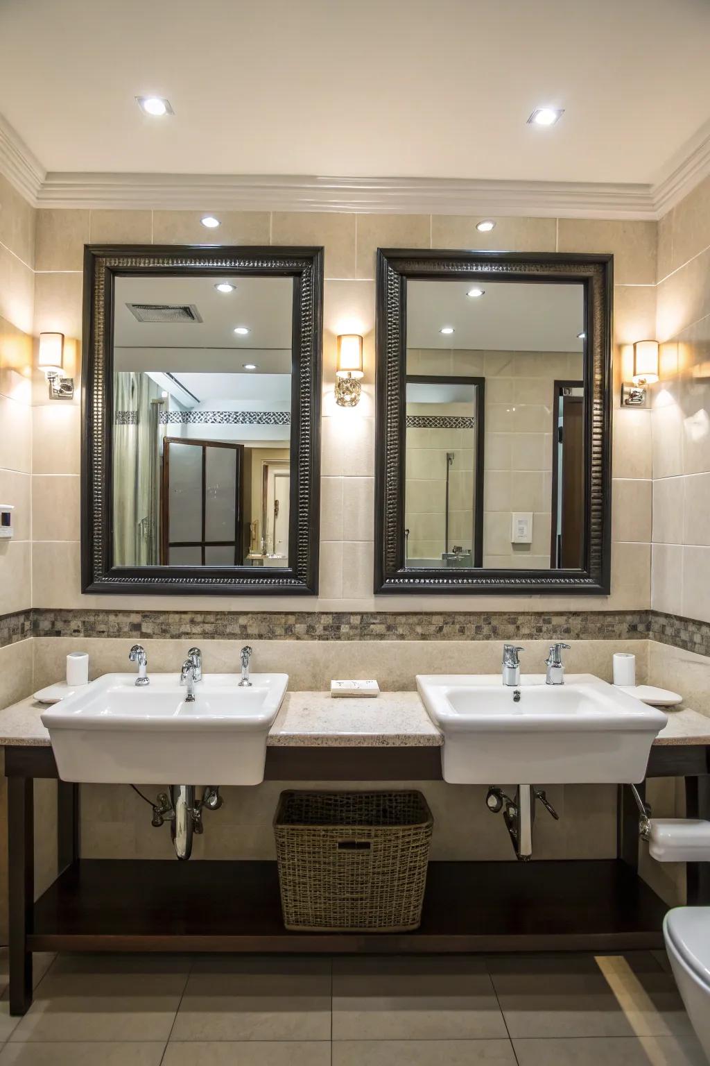 A balanced bathroom design featuring impeccably aligned double sinks and mirrors.