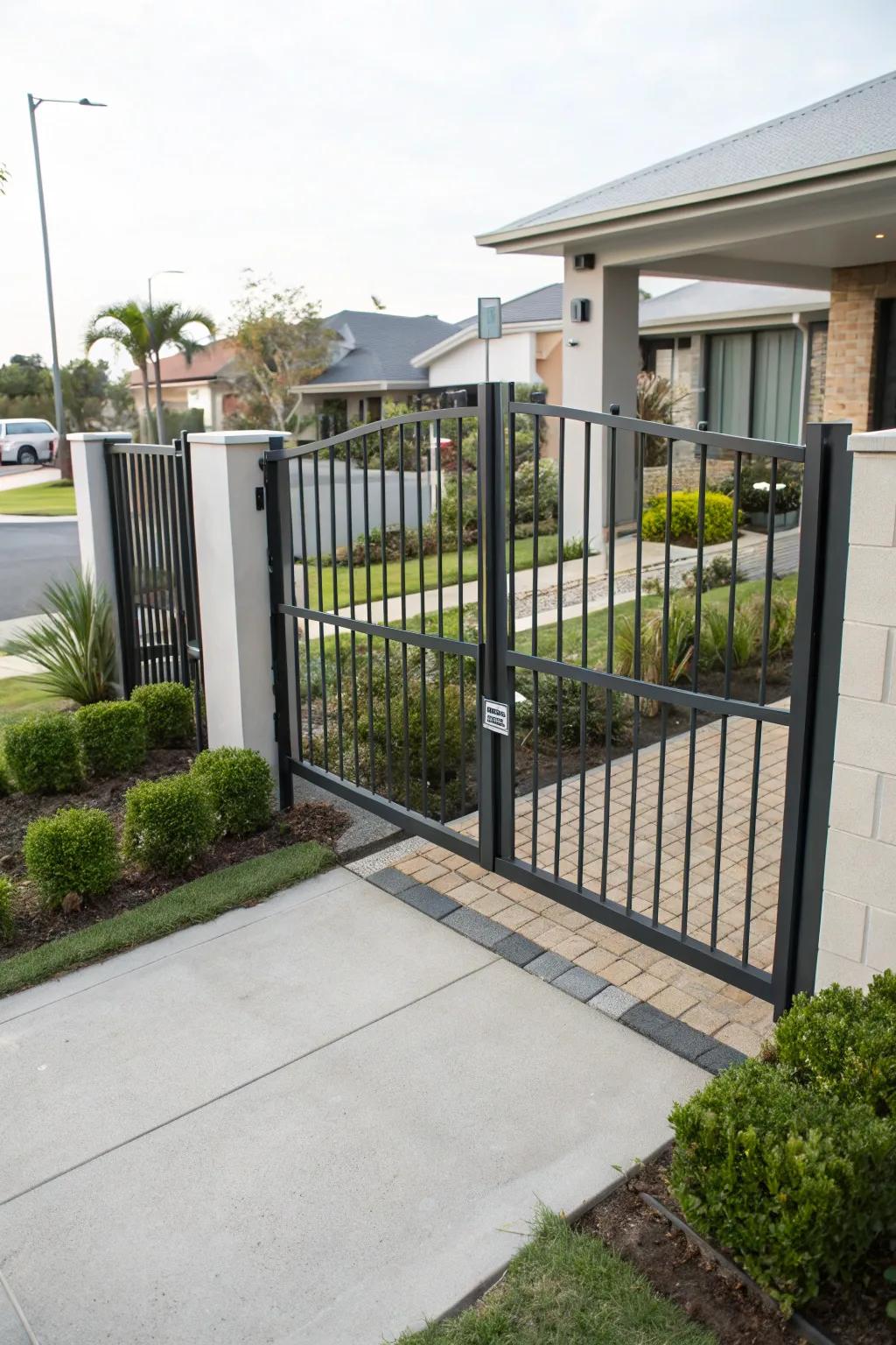 A sleek metal double swing gate complementing the entrance of a modern-style home.