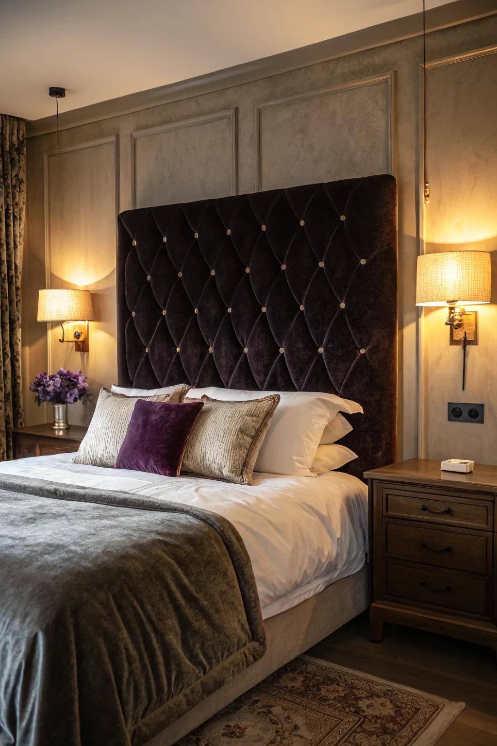 A velvet headboard introduces elements of opulence and relaxation to your personal space.