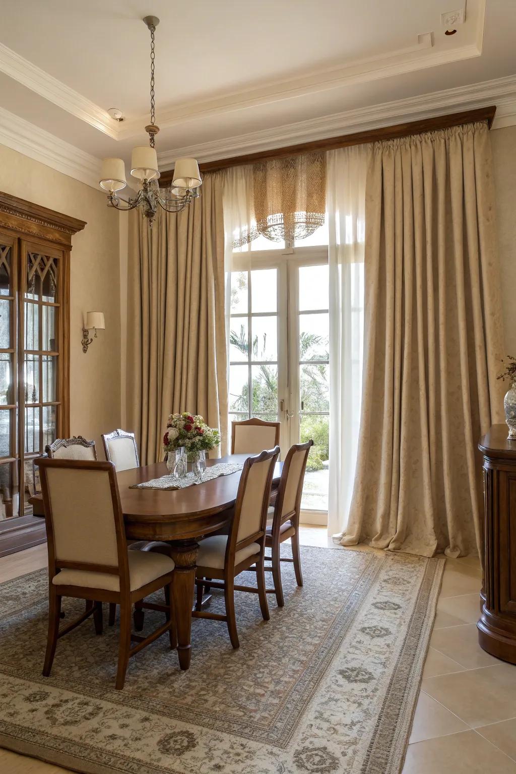 Neutral beige drapes enhancing the timeless charm of a dining area.