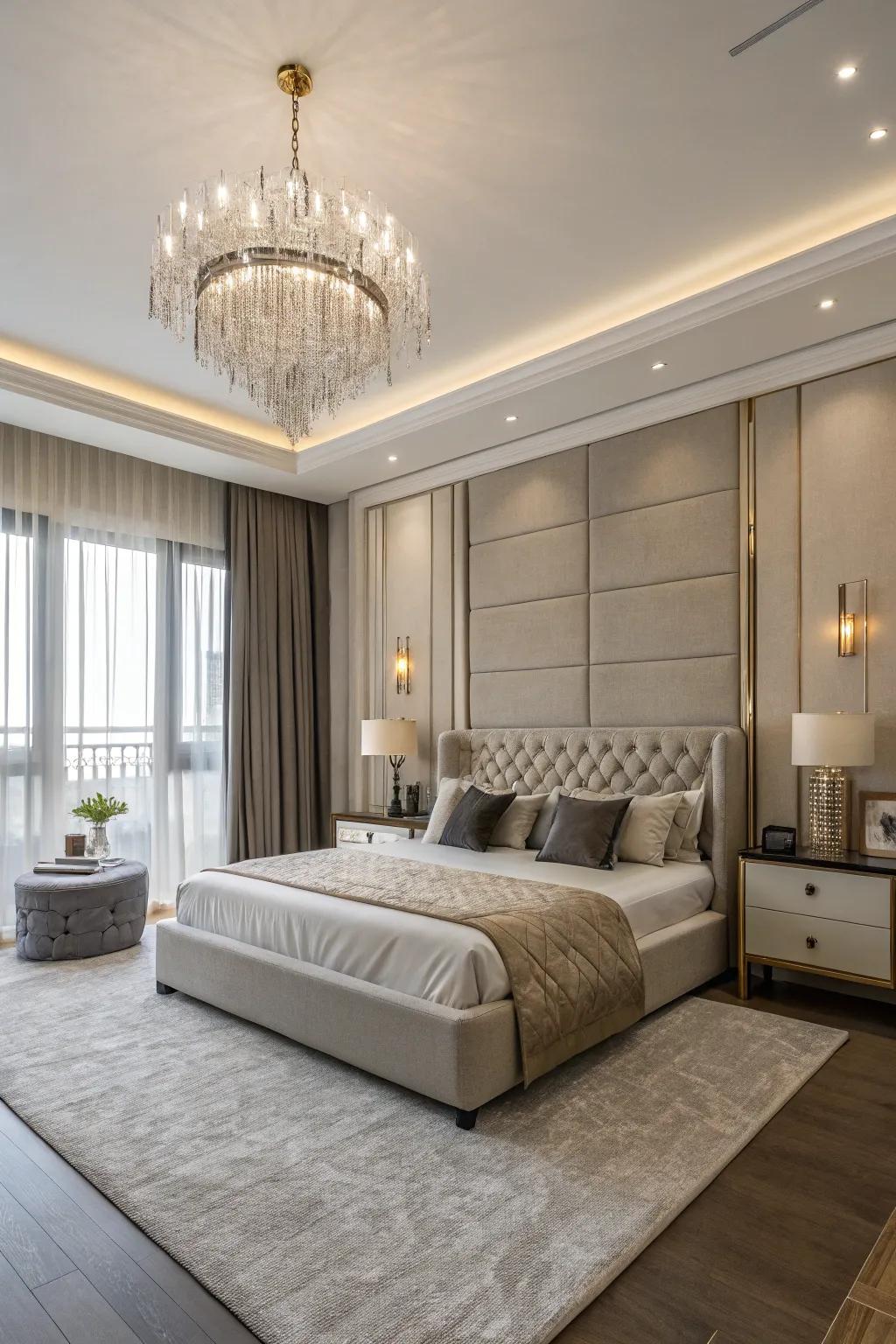 A contemporary bedroom showcases understated furniture and a sophisticated pendant light.