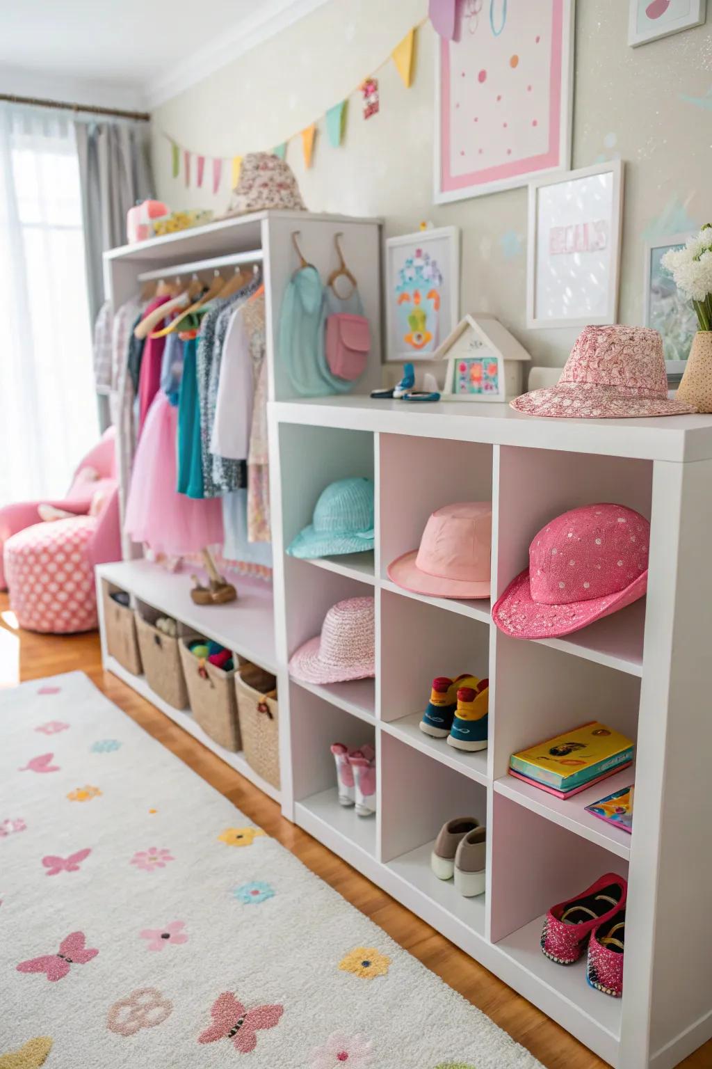Accessory storage is made simple with orderly cubbies.