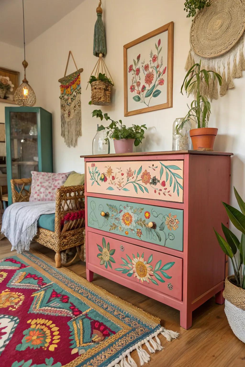 Infuse your area with the charm of a dresser makeover inspired by Scandinavian bohemian design, where simplicity is interwoven with lively creativity.