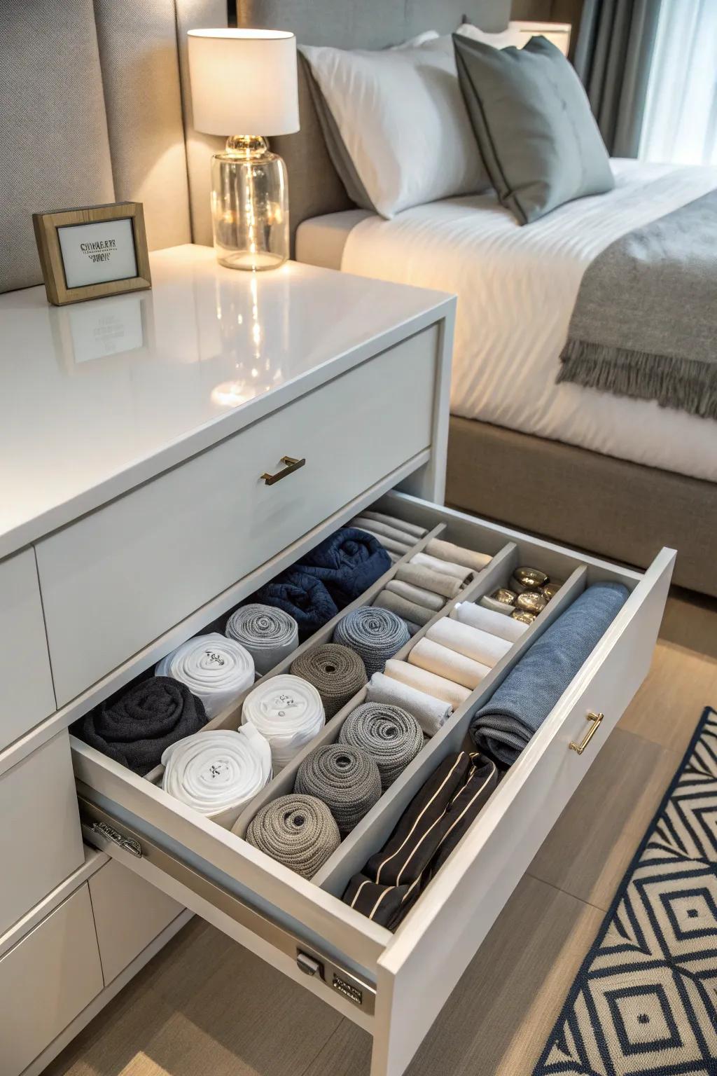 Rolled clothing providing compact and visible storage.
