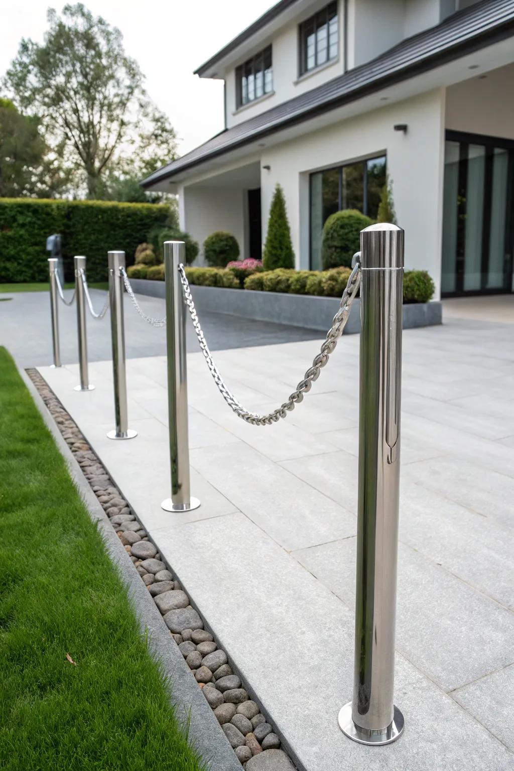 Polished metallic posts matched with a silver chain for a modern aesthetic.
