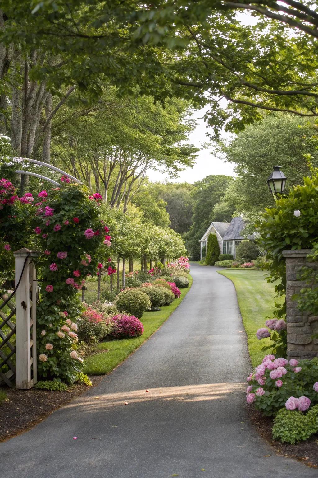 Lush greenery borders a driveway, crafting an inviting and revitalizing entrance.