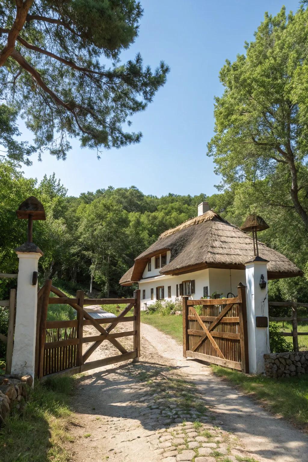 A country-style wooden gate that integrates flawlessly with its scenic surroundings.