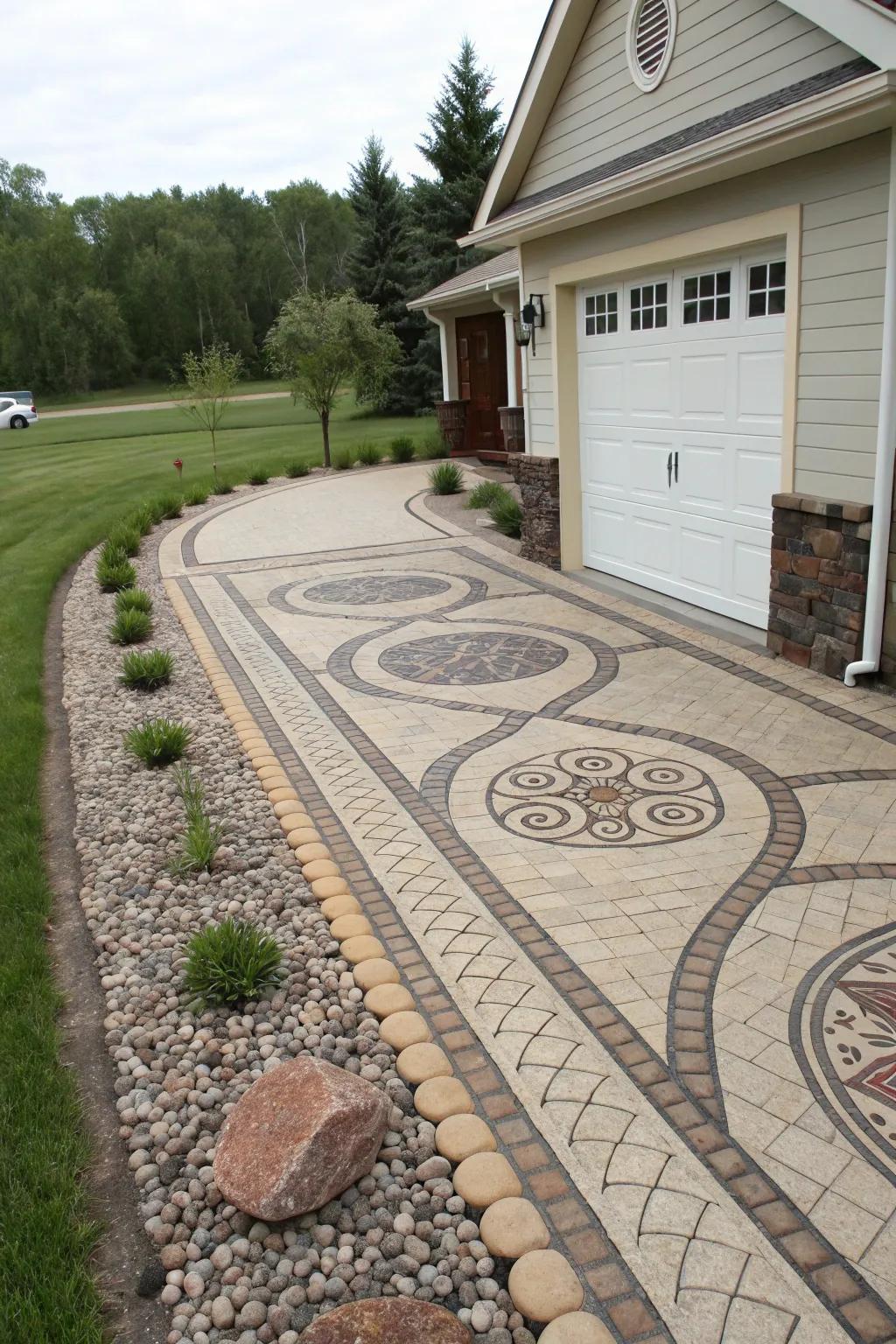 Inventive flat stone path enhancing the driveway's charm.