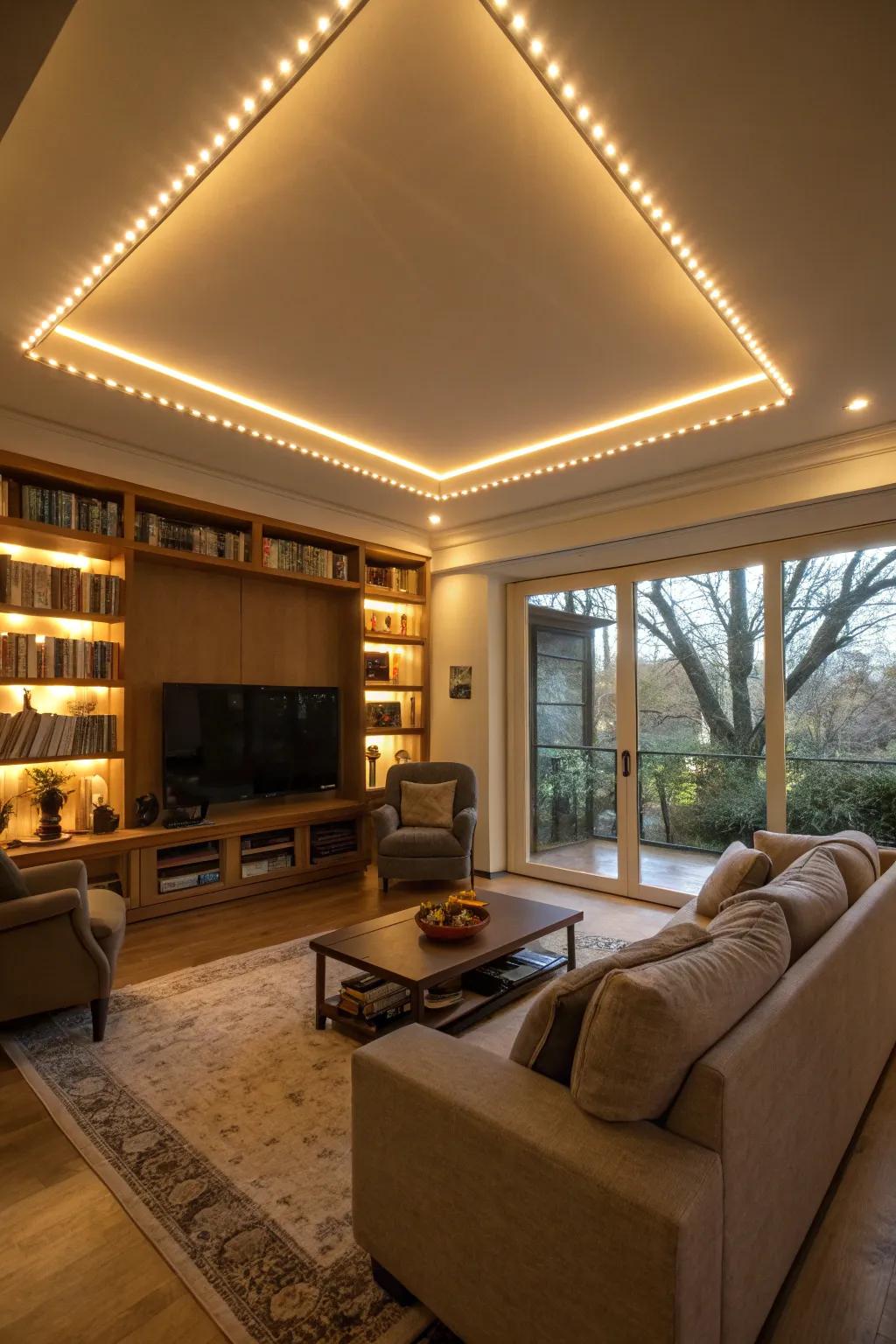 LED strips contribute a welcoming radiance around this living room ceiling.