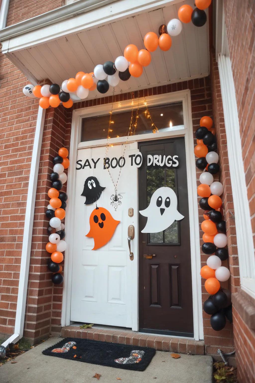 A Halloween-inspired door stating 'Give Drugs the Ghost'.