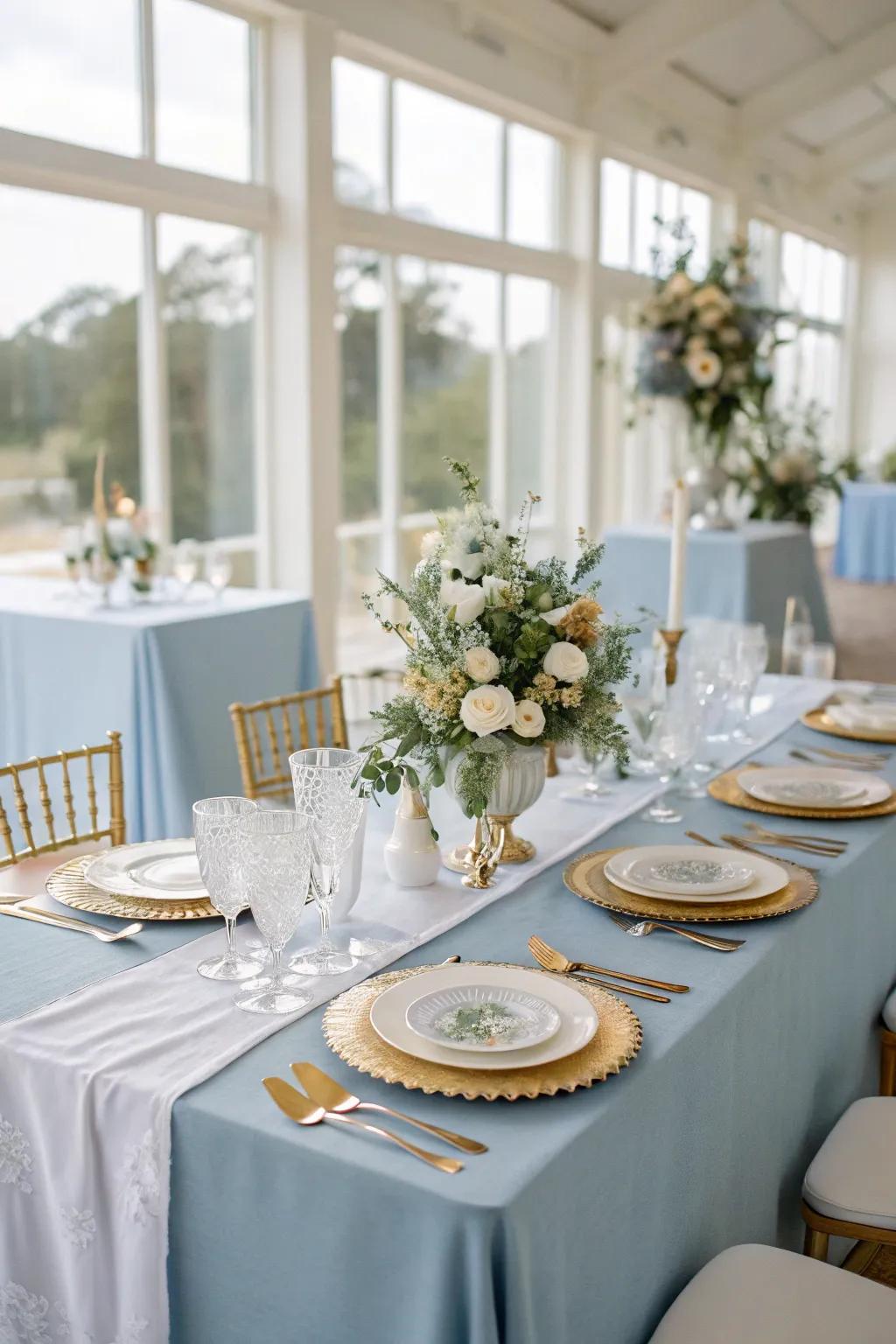 A refined table presentation exhibiting hazy azure aspects that refine any wedding feast.
