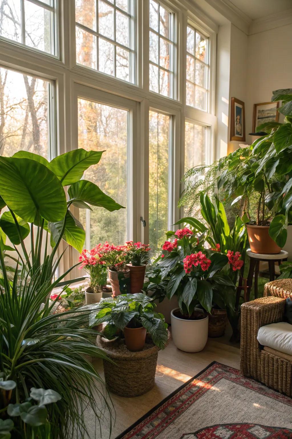 A room flooded with natural light and abundant indoor plants.