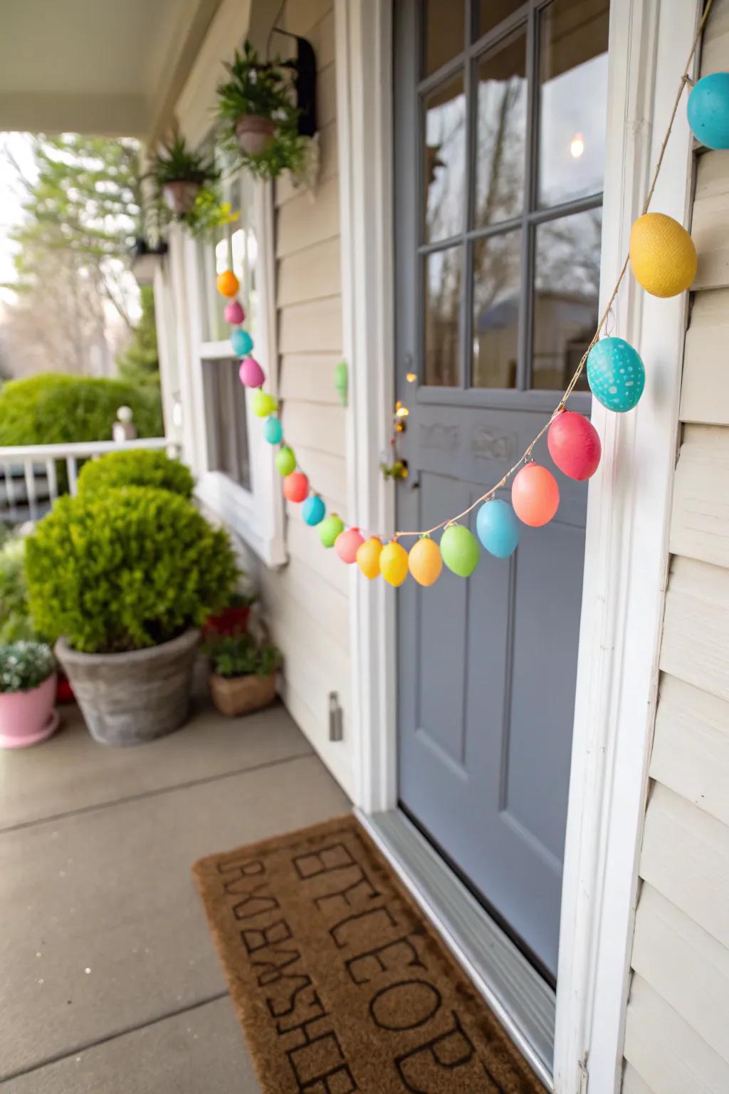 A vibrant Easter egg garland gives a celebratory flair to the entryway.
