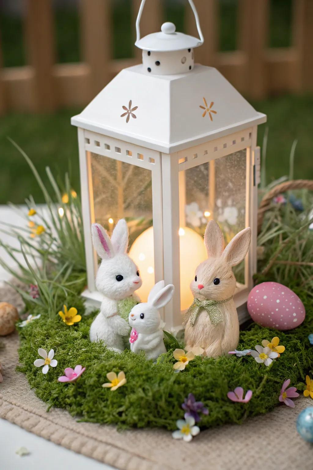 An endearing bunny scene comfortably arranged within a lantern.