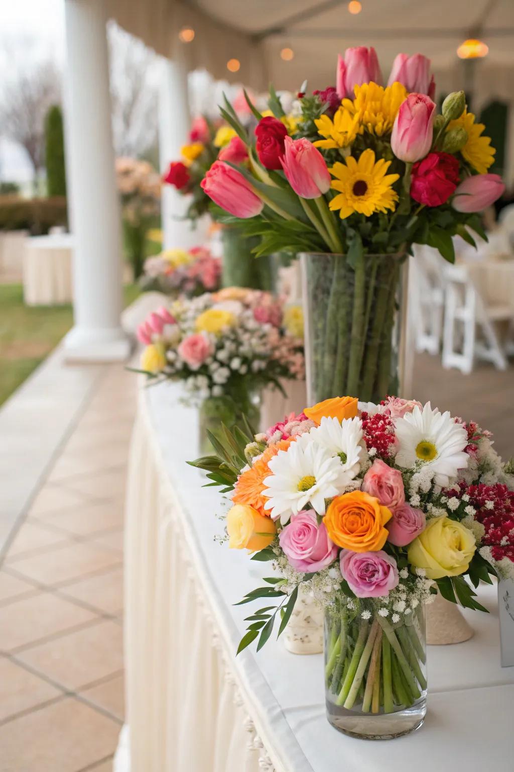 Stunning floral decorations featuring lilies, gerberas, and peonies for a spring wedding.