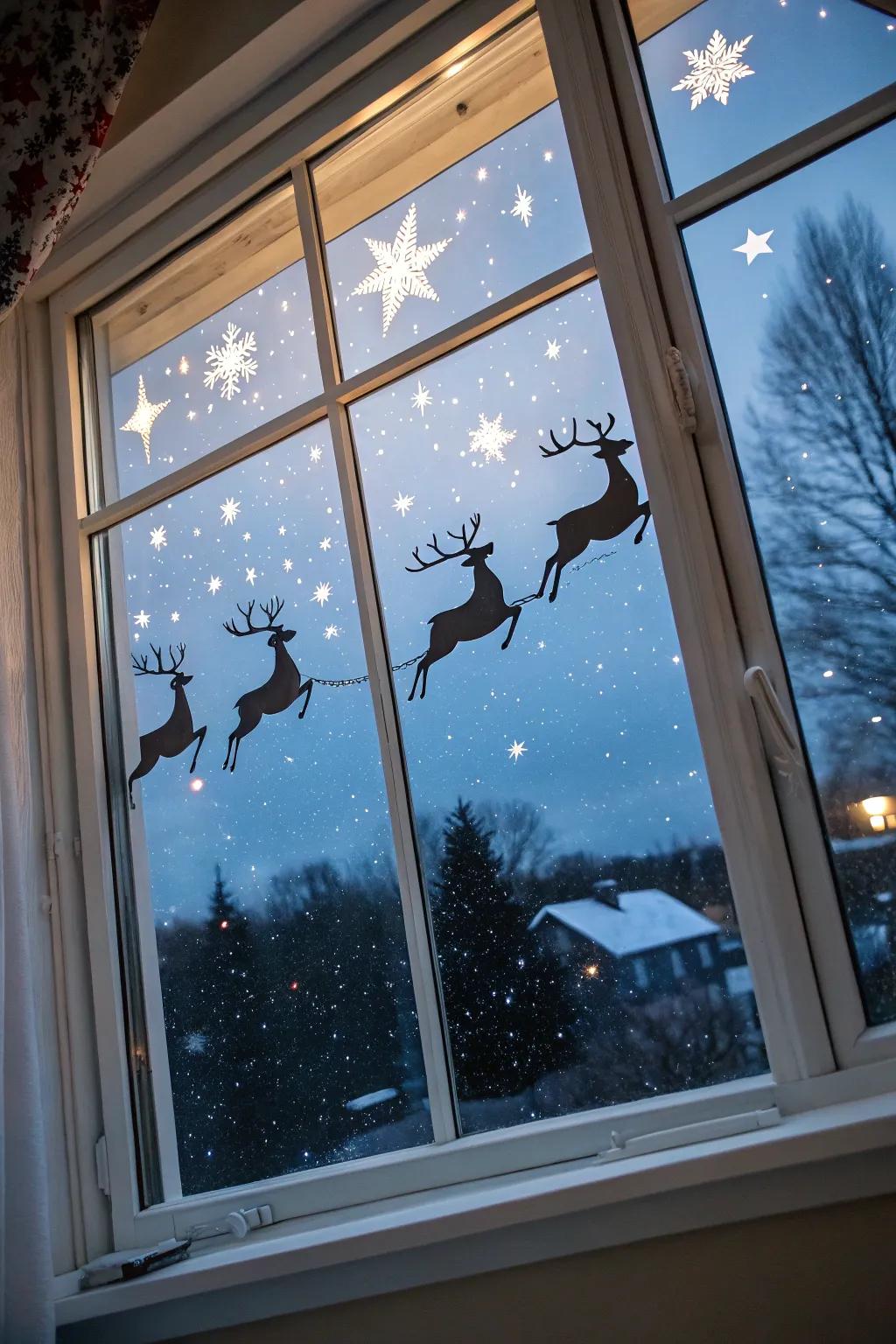 Reindeer flying across the night sky, delivering holiday cheer