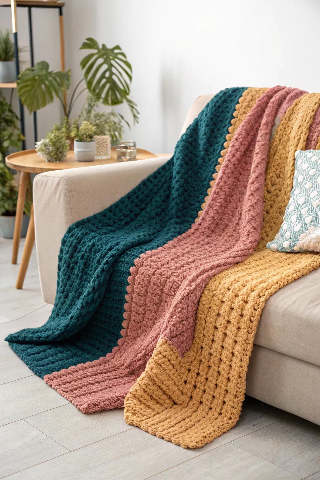 Embrace the skill of simplicity using a striking chromatic segment crochet blanket that introduces a sensation of warmth and sophistication to any setting.